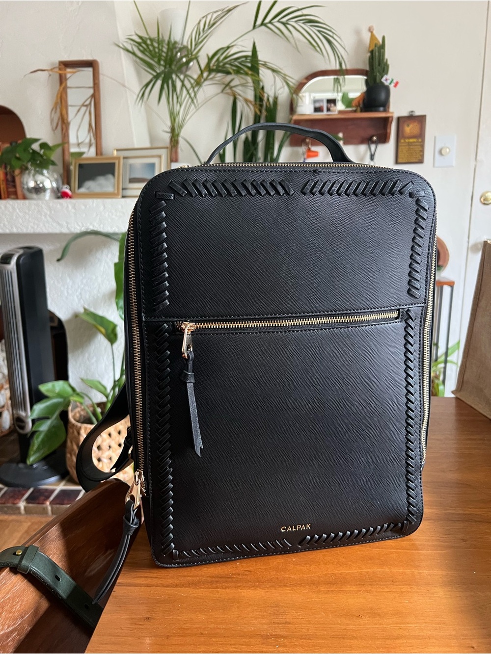 Calpak Black Leather Laptop Backpack